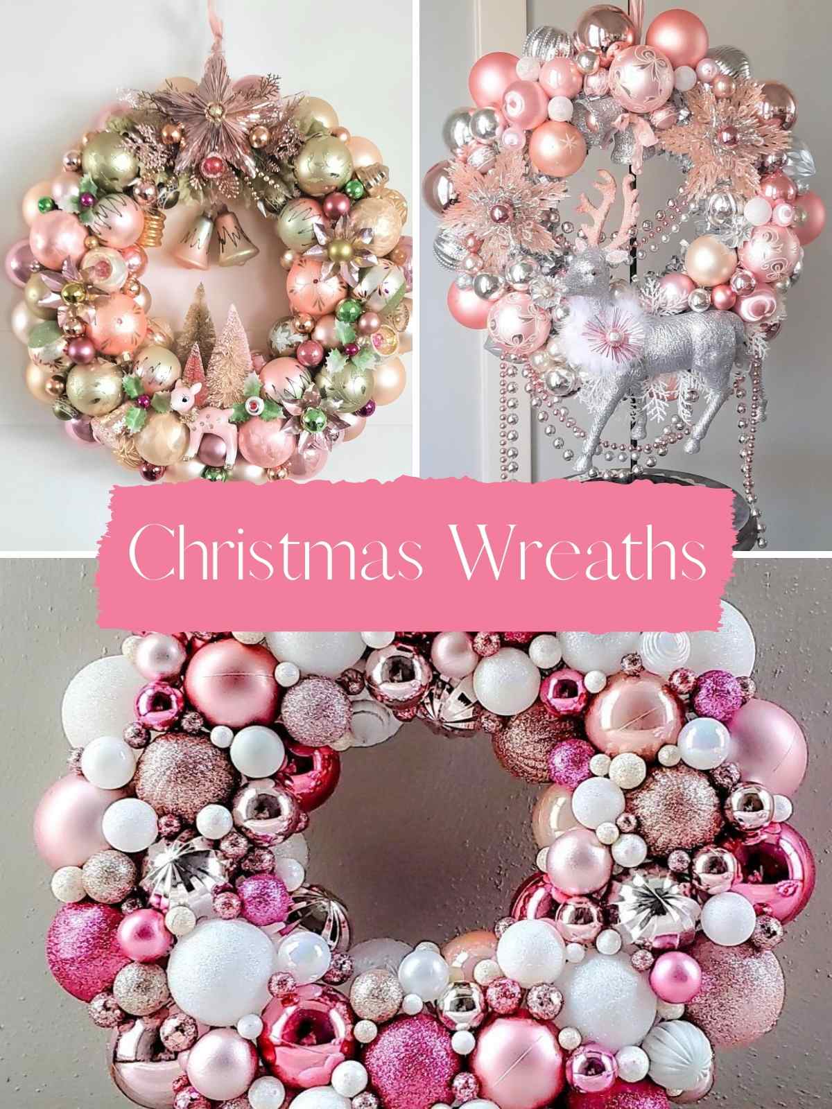 Pink Christmas Wreaths With ornaments and bulbs