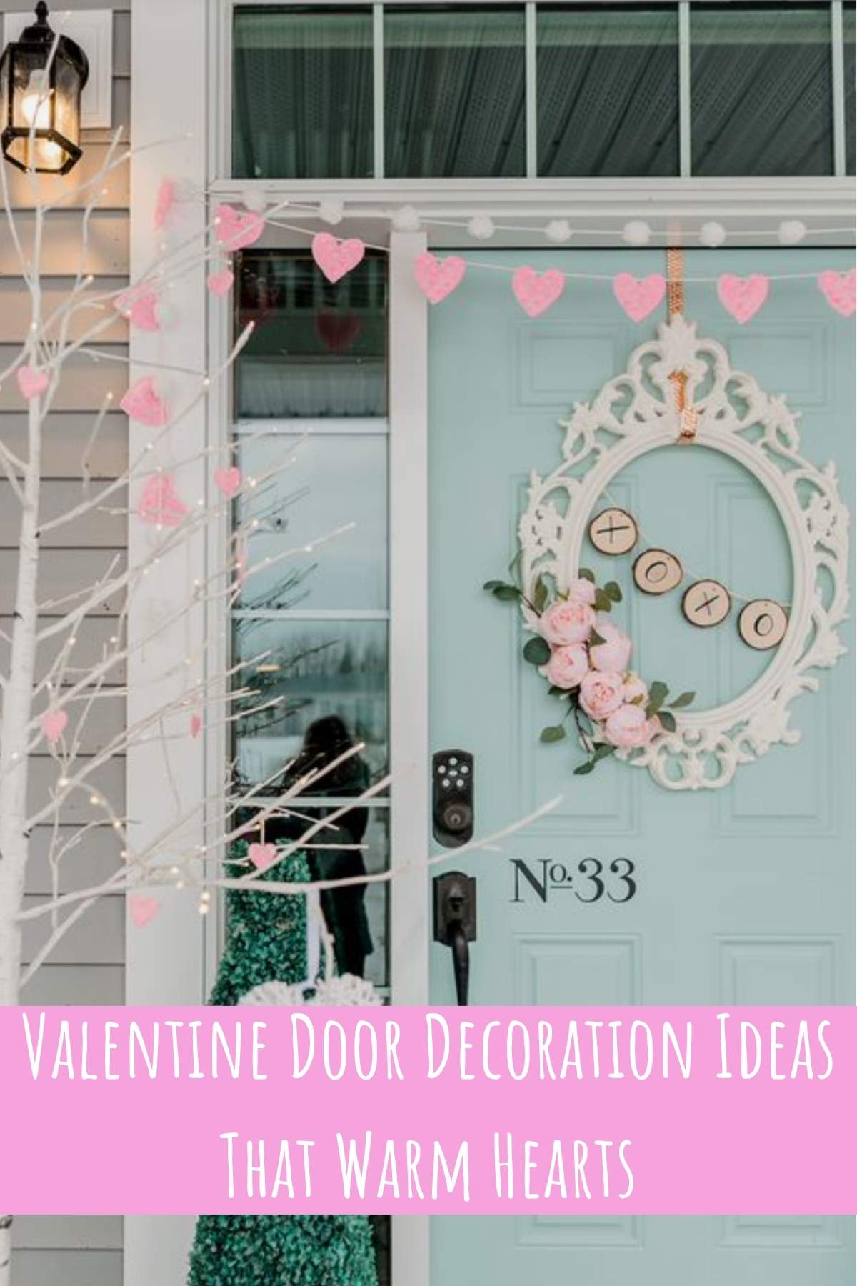Valentine Door Decoration ideas that warm hearts. Photo of blue door with heart garland.