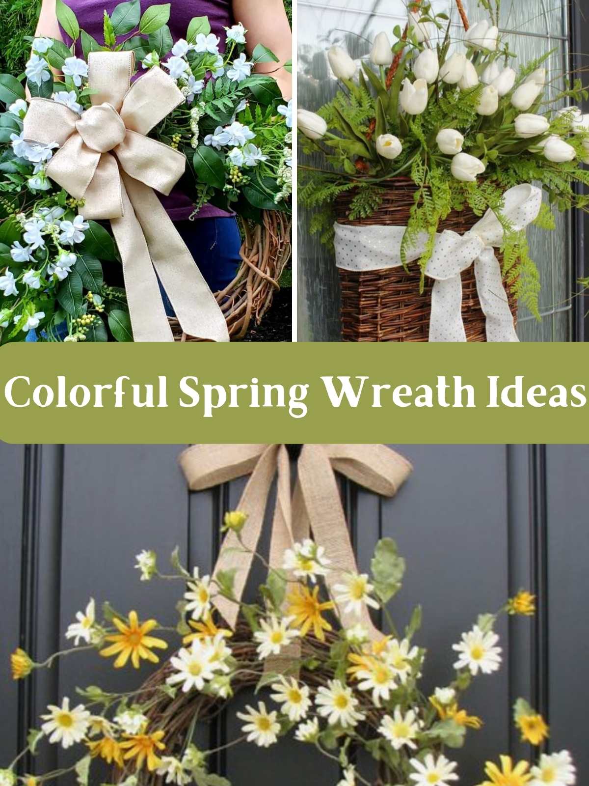 colorful spring wreath idea with 3 different examples with bright green leaves.