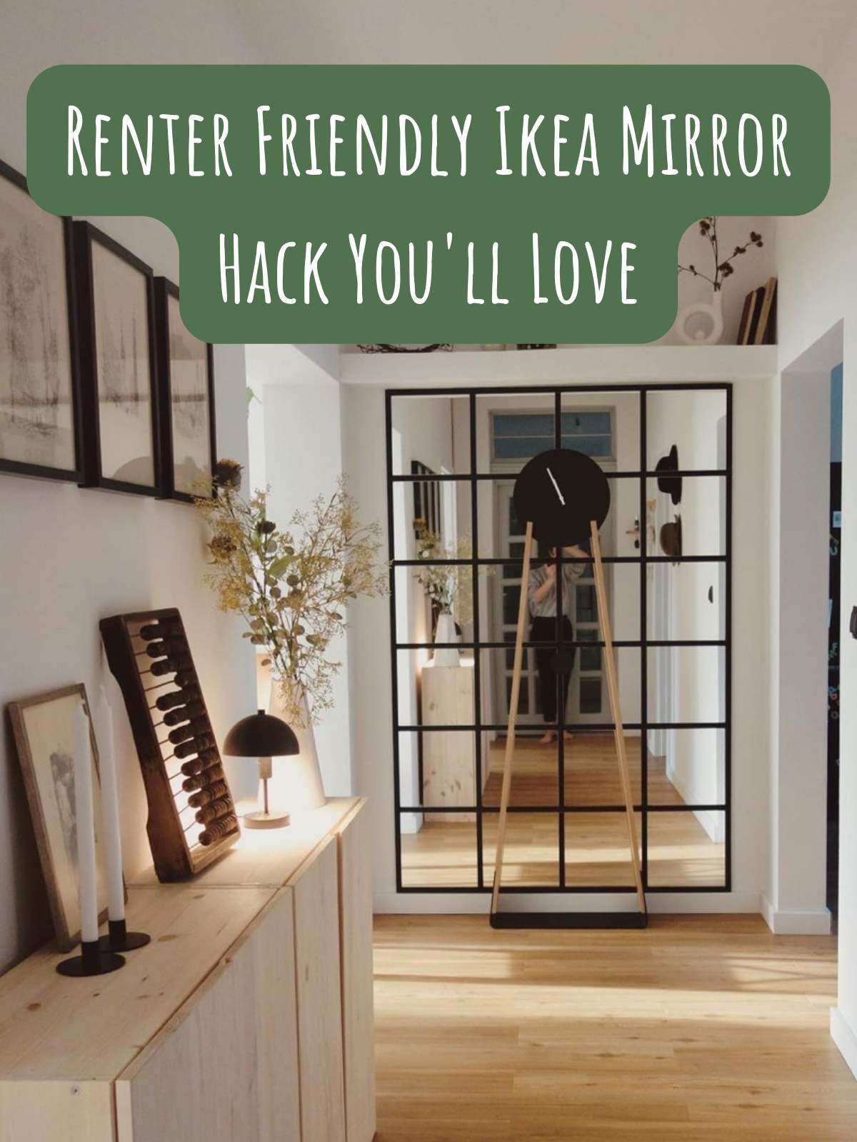 Renter friendly Ikea Hack. Photo on mirror at the end of a hallway.