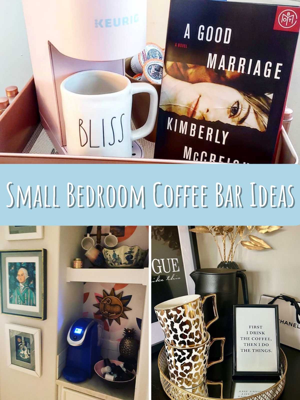 Small bedroom coffee bar ideas. 3 different photo examples of small coffee bars.