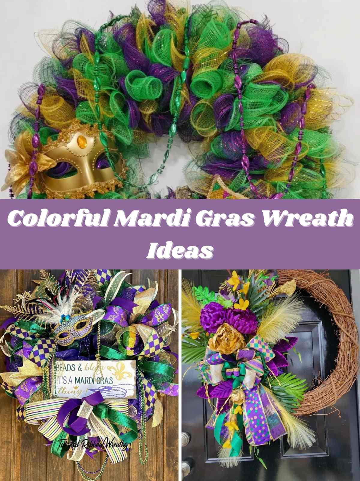 3 different examples New Orleans wreaths, all of them have green, purple and gold.