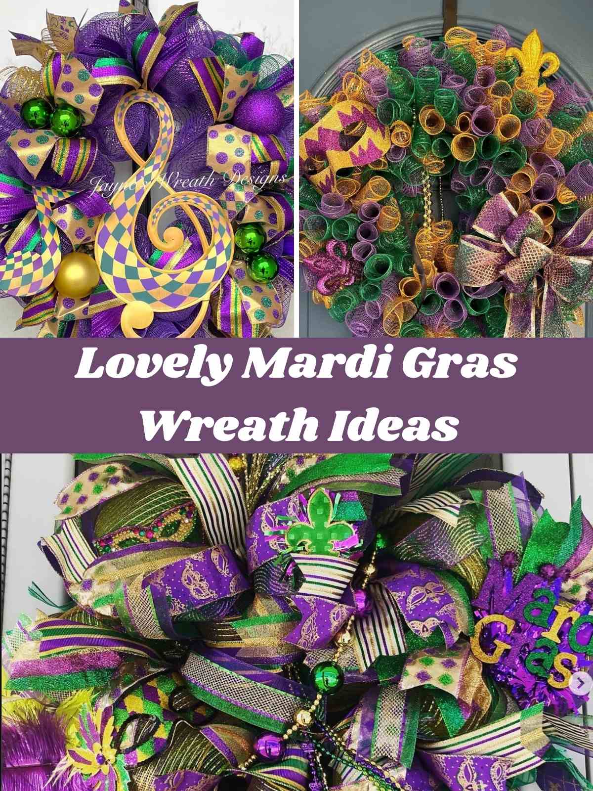 3 wreaths made with purple ribbon and gold mesh.