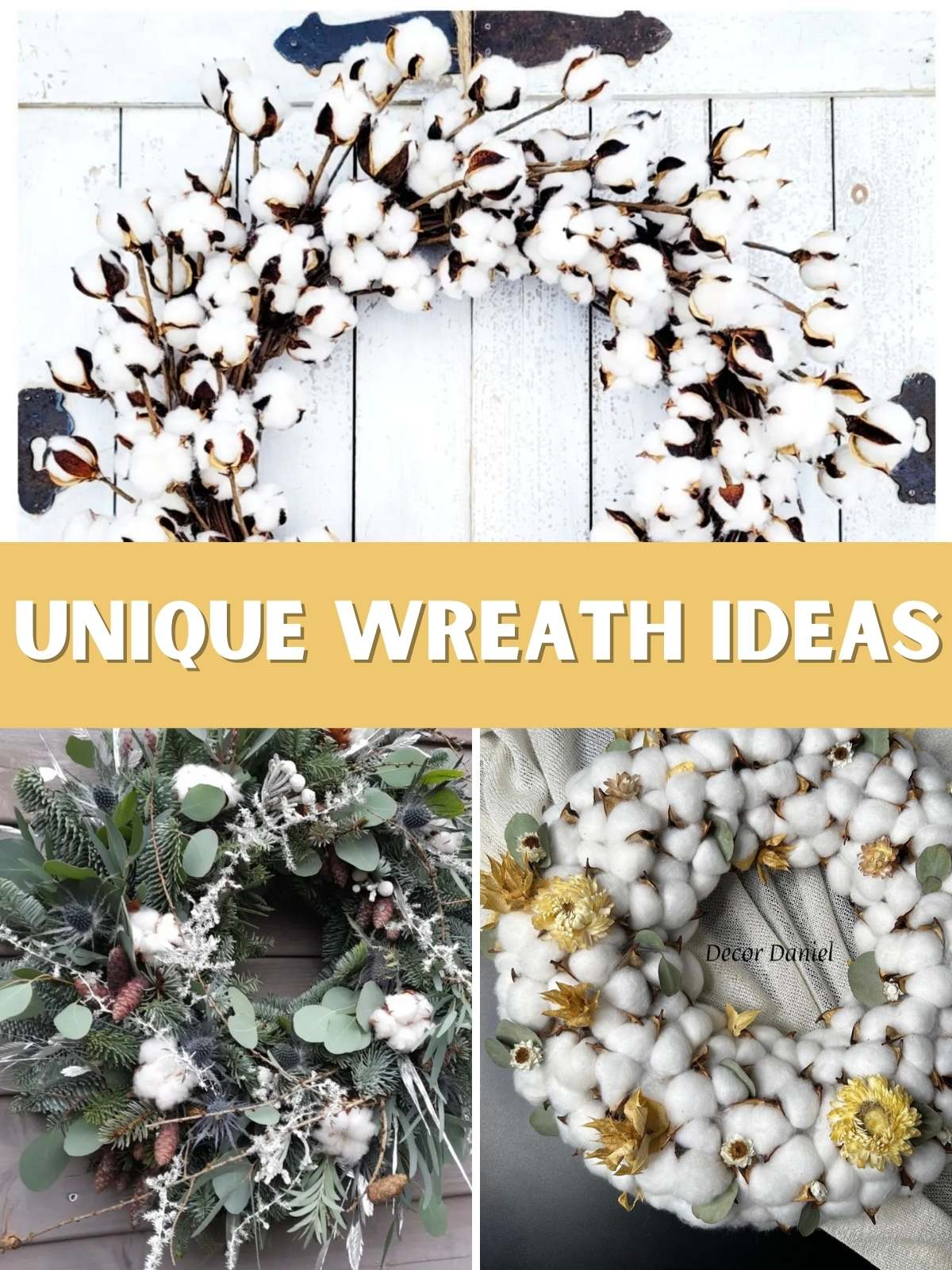 unique cotton wreath ideas. 3 different wreaths. 