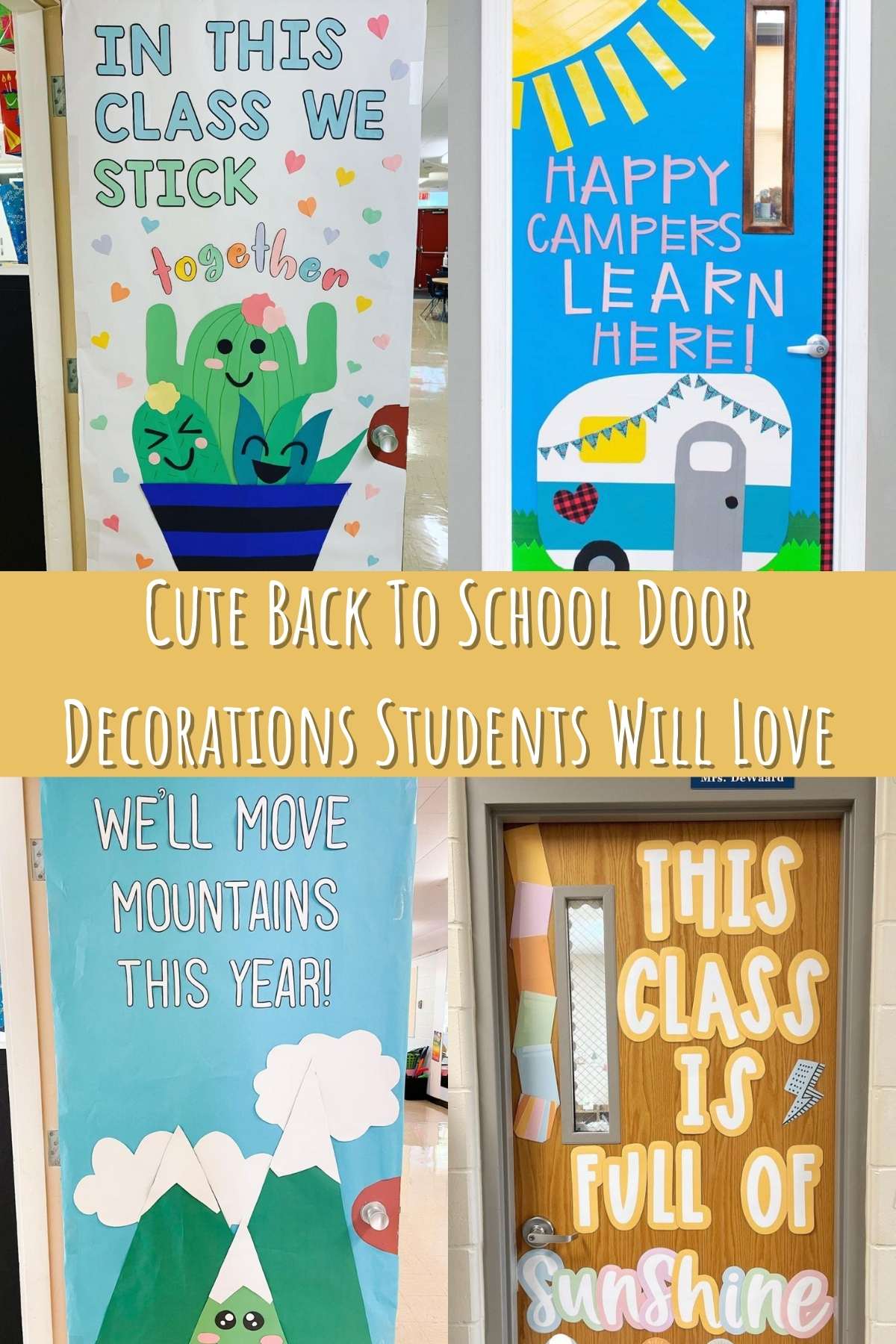 Cute Back to school door decorations students will love. four different door examples.