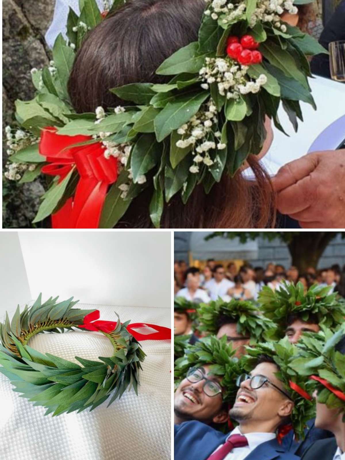 Three different photos of laurel wreaths on grad's heads.