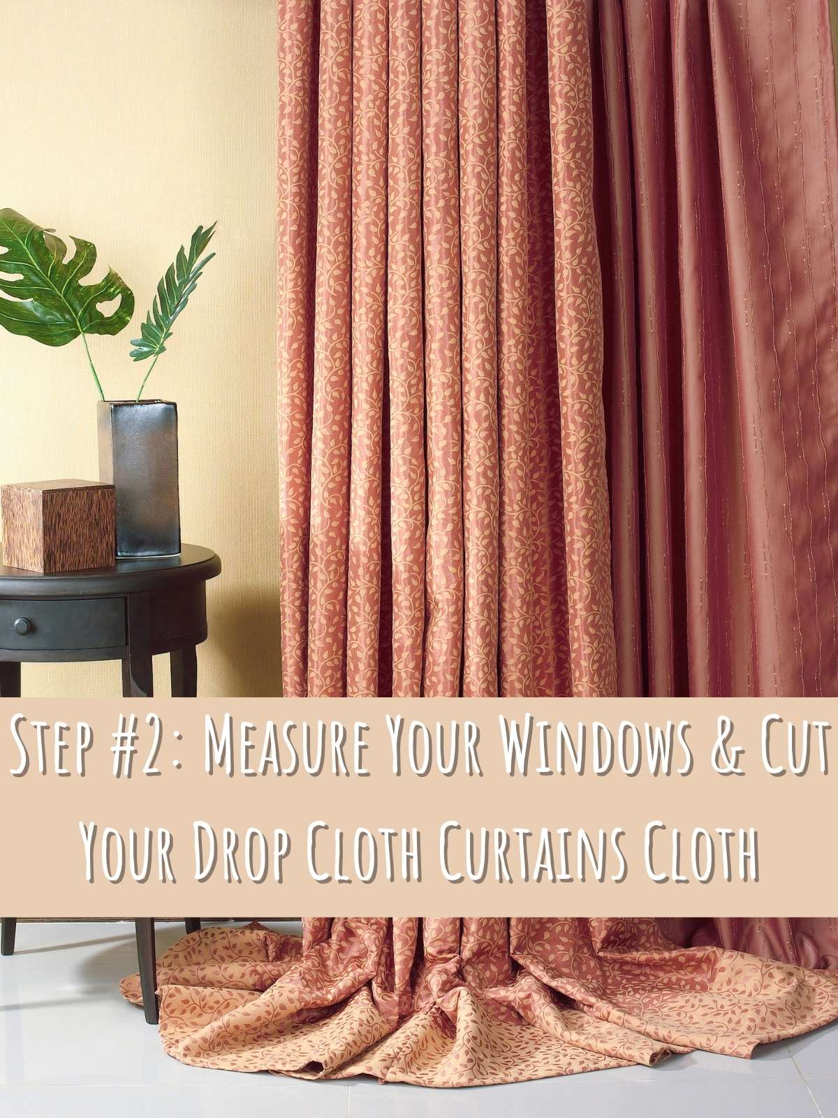 Step 2, Measure your windows cut your drop cloth curtains cloth. Photo of long curtains that need to be cut. 