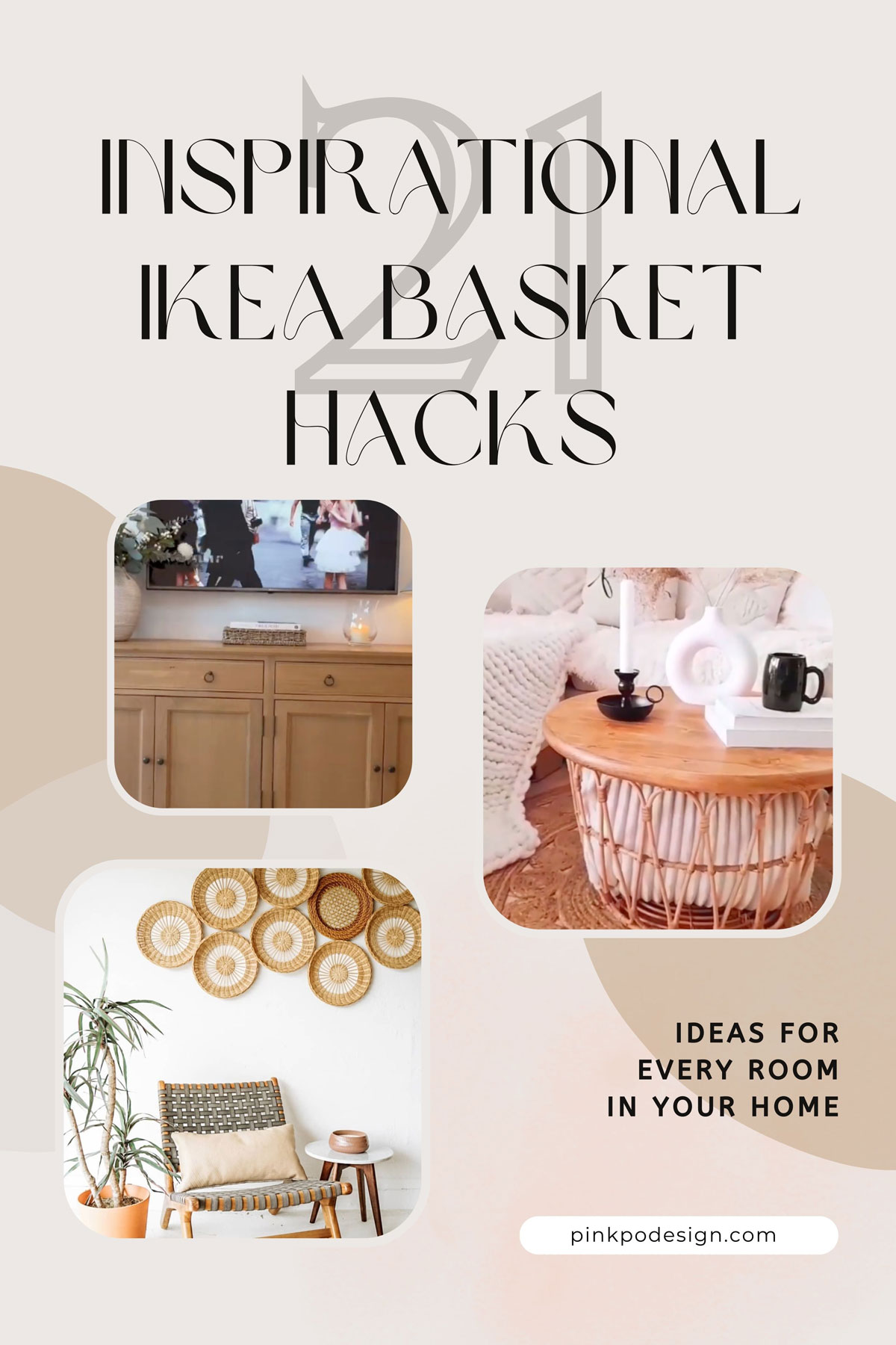 three Ikea basket hacks, one is a basket hiding a cable box, one is a storage coffee table made from a basket, one is a decorate wall art piece.