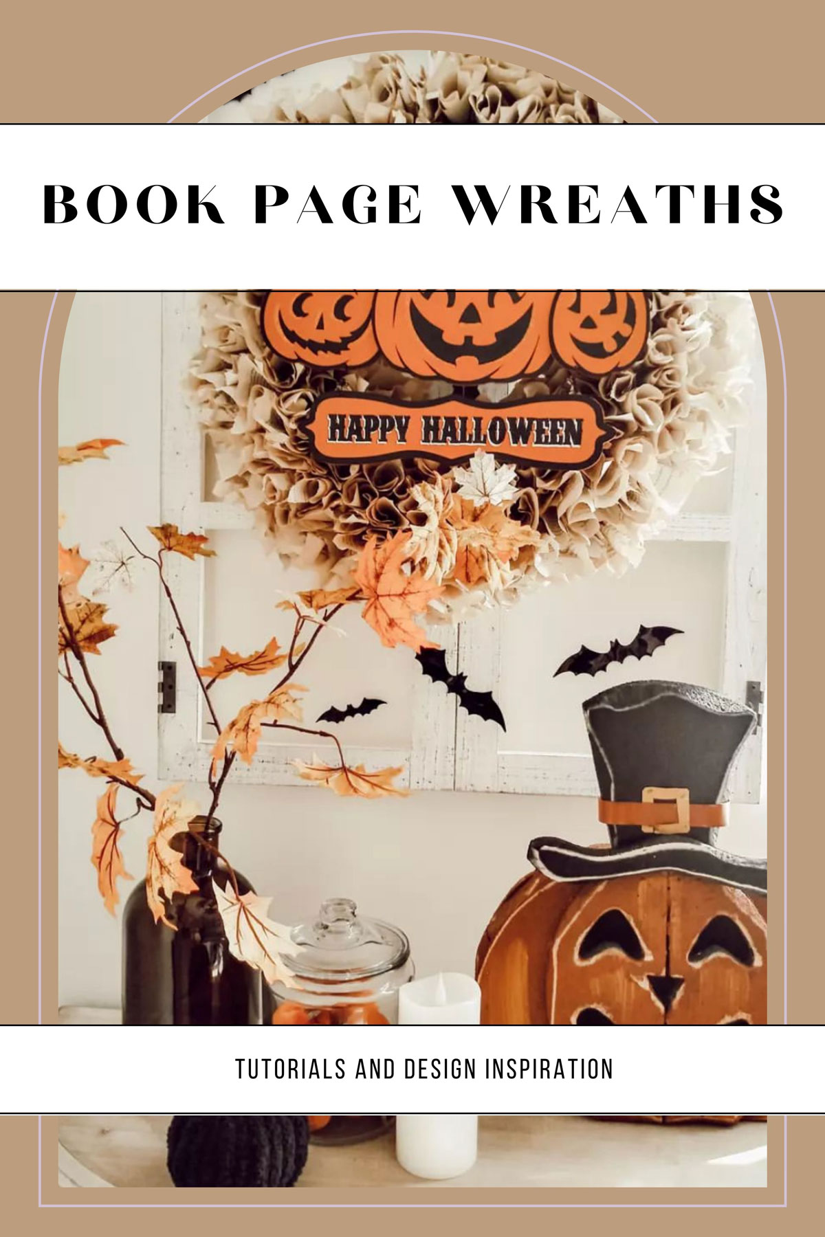 halloween themed book page wreath idea with jack-o-lanterns